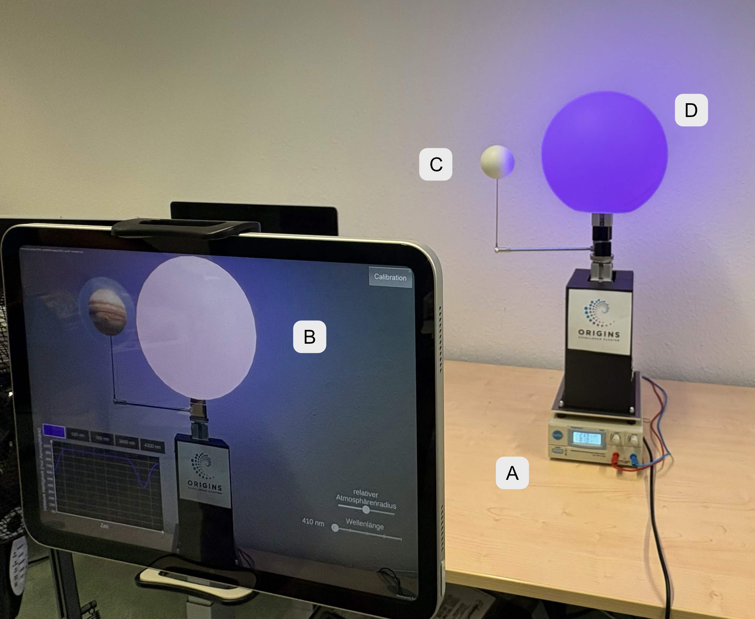 The setup with four labels: A on the power supply, B on the iPad, C on the planet, D on the star
