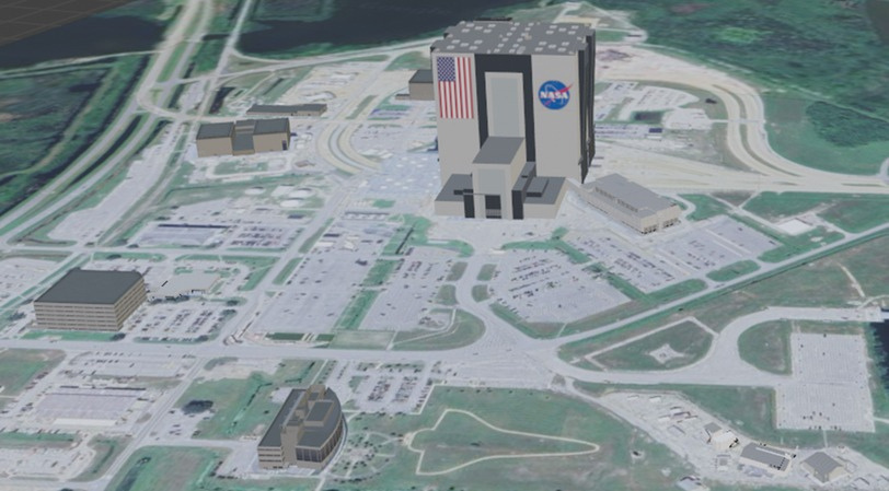 Aerial view of a modeled NASA facility